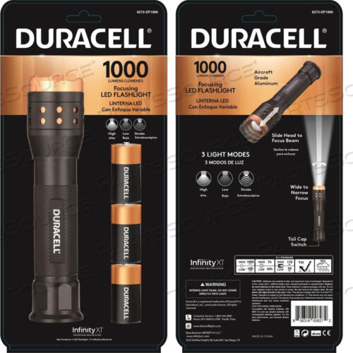 8272-DF1000 АЛЮМИНИЕВЫЙ СВЕТОДИОДНЫЙ ФОНАРИК DURACELL С ФОКУСОМ, 1000 ЛЮМЕН, 3 РЕЖИМА, 3 БАТАРЕИ-C