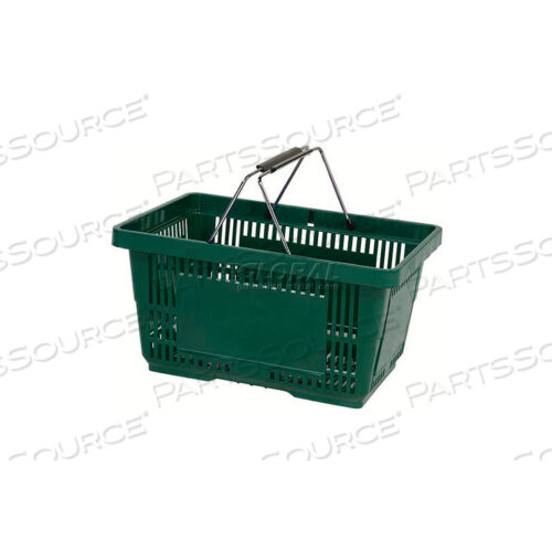КОРЗИНА ДЛЯ ПОКУПОК ИЗ ЗЕЛЕНОГО ПЛАСТИКА ОБЪЕМОМ 28 ЛИТРОВ С ЧЕРНЫМИ ПЛАСТИКОВЫМИ РУЧКАМИ И РУЧКОЙ ИЗ ПРОВОЛОЧНОЙ ВЕЩИ