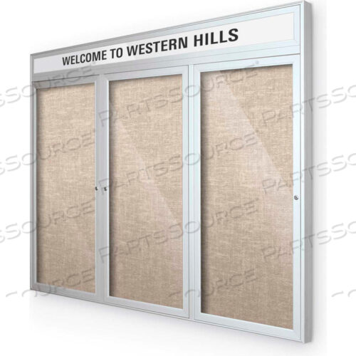 OUTDOOR HEADLINE BULLETIN BOARD CABINET,3-DOOR 72W X 36H, SILVER TRIM, COTTON