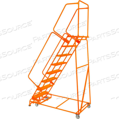 OEM#: FS083214P-OPERFORATED 24W 8 STEP STEEL ROLLING LADDER 14D TOP STEP W/HANDRAILS LOCK STEP ORANGE by Ballymore