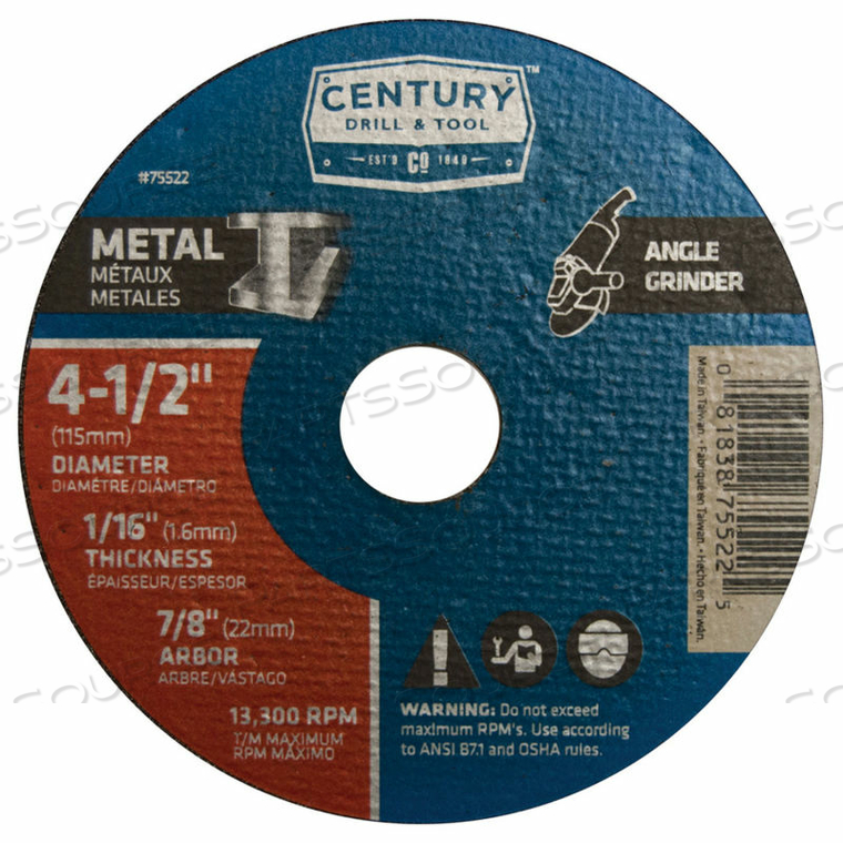 OEM#: 75522РЕЖУЩИЙ КРУГ 4-1/2 X 7/8 АЛЮМИНИЕВЫЙ ОКСИД от Century Drill And Tool