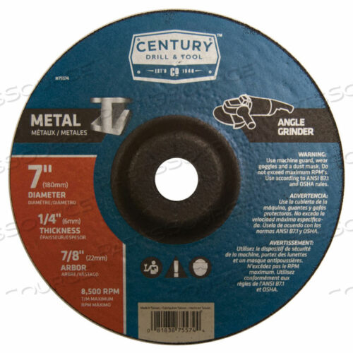 OEM#: 75574DEPRESSED CENTER GRINDING WHEEL 7 X 7/8 TYPE 27 ALUMINUM OXIDE by Century Drill And Tool