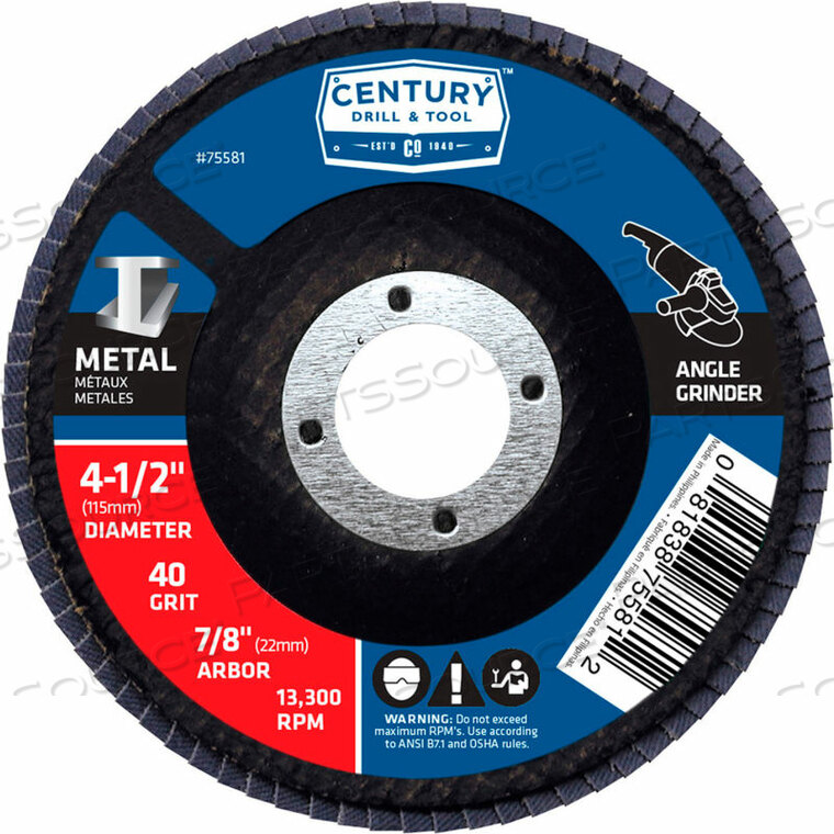 OEM#: 75581 ЛЕПЕСТКОВЫЙ ДИСК 4-1/2 X 5/8 40 GRIT ZIRCONIA от Century Drill And Tool