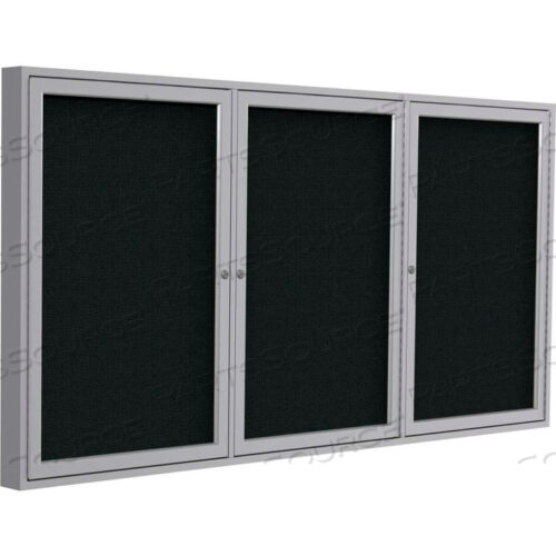 ENCLOSED BULLETIN BOARD - 3 DOOR - BLACK FABRIC W/SILVER FRAME - 36 X 72