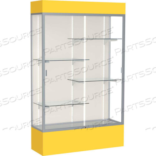 ВИТРИНА С ПОДСВЕТКОЙ SPIRIT 48 Ш X 80 В X 16 ДМ С ПЛАСТИКОВОЙ ЗАДНЕЙ СТОРОНОЙ, САТИНОВОЙ ОТДЕЛКОЙ, ОСНОВАНИЕ И ВЕРХНЯЯ ЧАСТЬ ЗОЛОТОГО СТАЛЬНОГО ТИПА